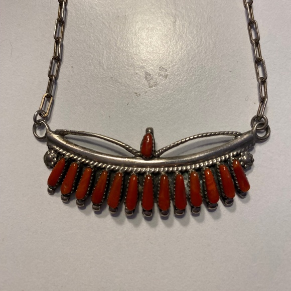 Coral Needlepoint Zuni Silver Necklace - Picture 1 of 6